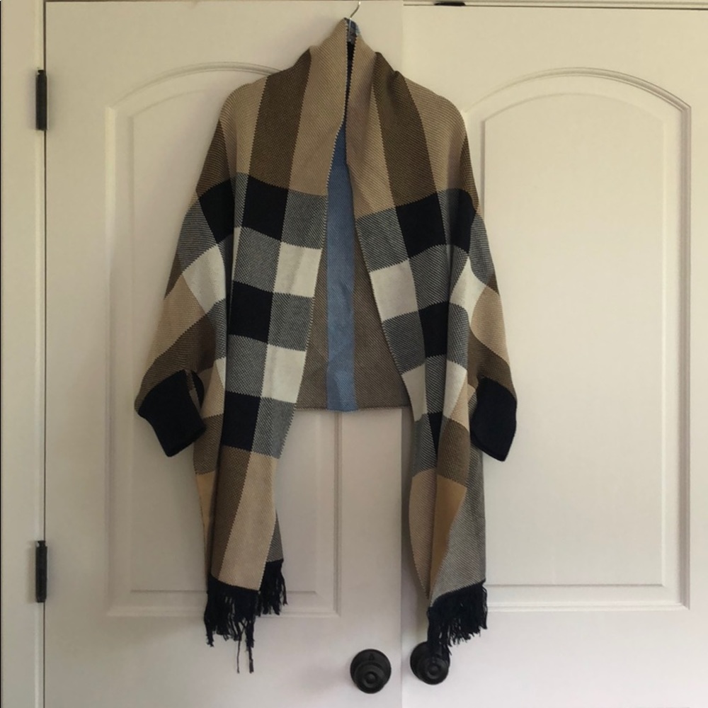Plaid wrap sweater cape with cuffs- one size